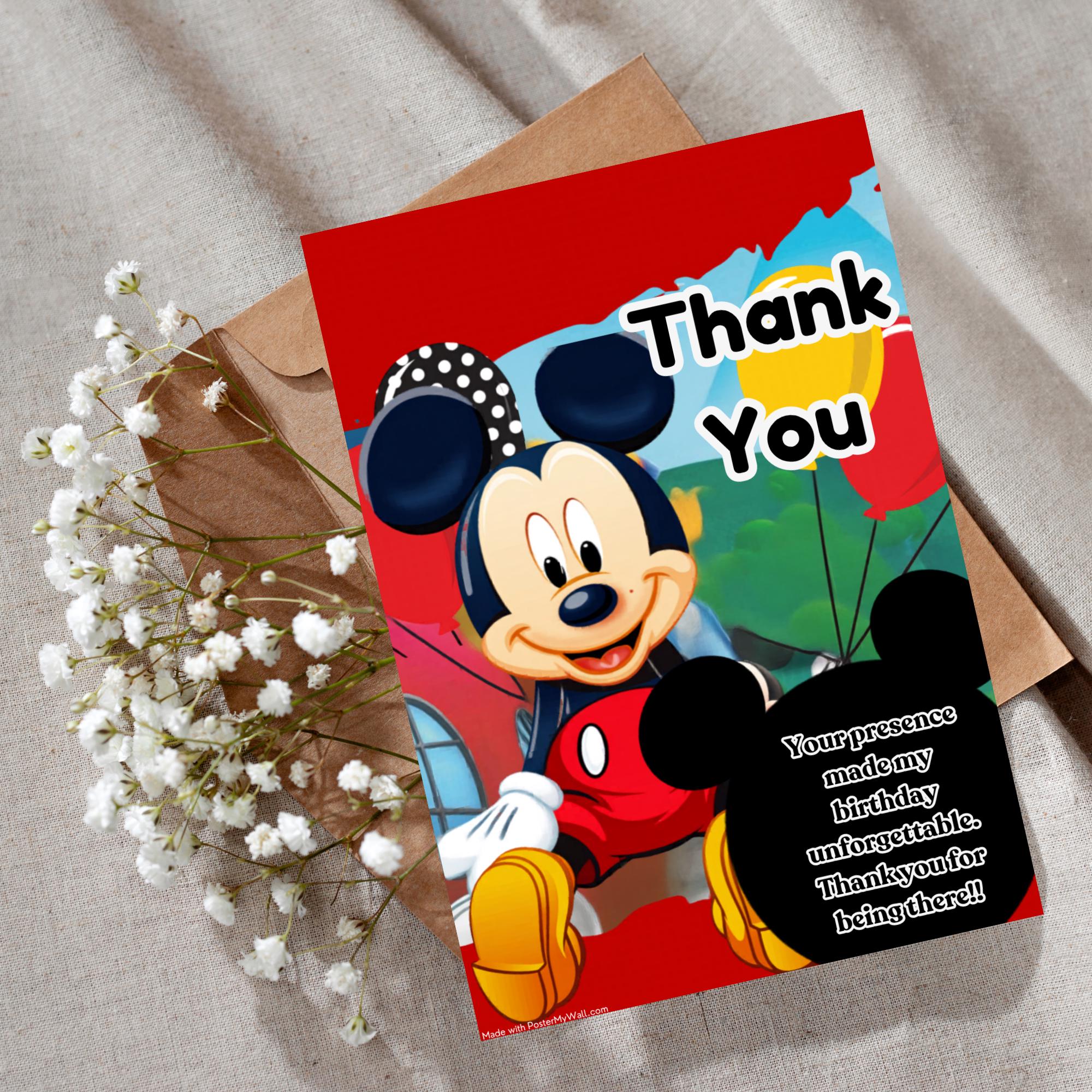 Mickey Mouse Birthday Thank You Card, Editable Canva Template, Mouse ...