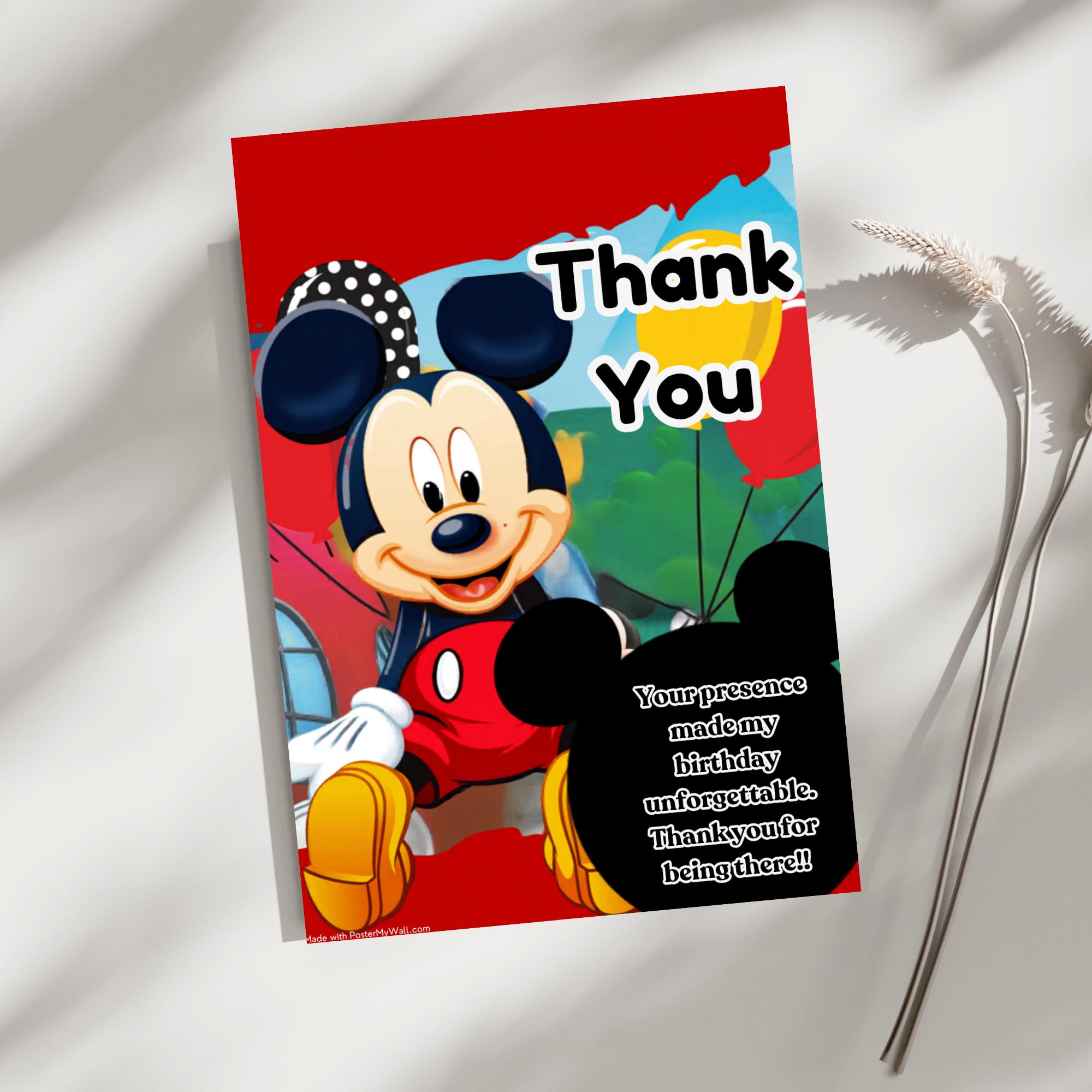 Mickey Mouse Birthday Thank You Card, Editable Canva Template, Mouse ...