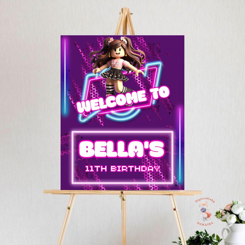 Roblox Editable Sign Editable Roblox Girl Birthday Welcome Sign, Gamer Theme , Canva ...