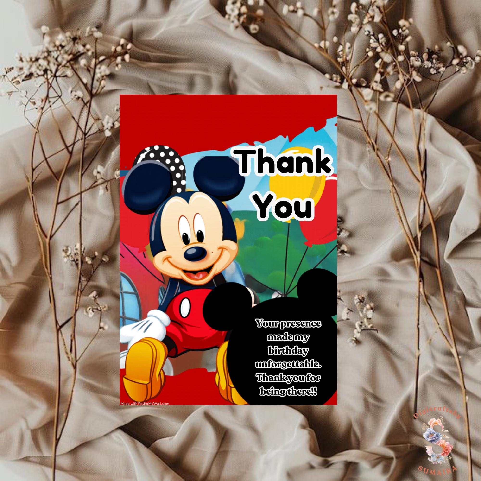Mickey Mouse Birthday Thank You Card, Editable Canva Template, Mouse ...