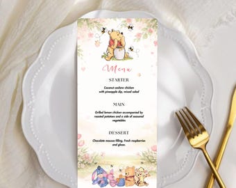 Winnie the Pooh Baby Shower Menu Card, Editable Canva Template (Digital Download)