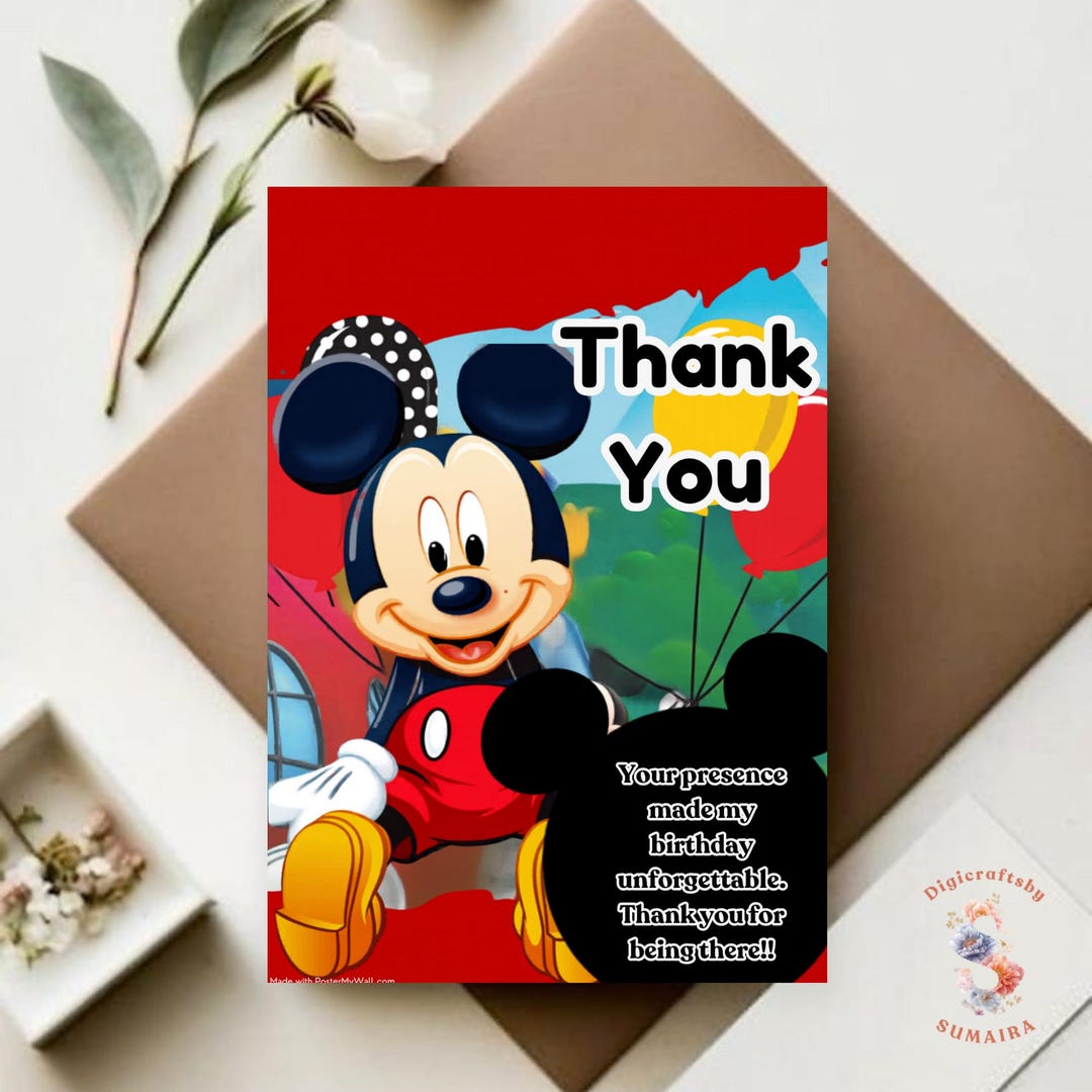 Mickey Mouse Birthday Thank You Card, Editable Canva Template, Mouse ...