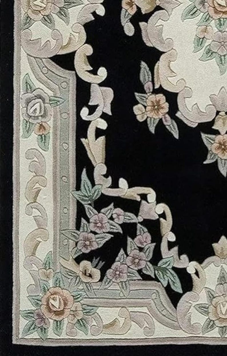 Pulse Border Rug Hand Tufted Wool Floral Area Rug Black 8x10, 9x12, 10x14 | Ivory Border ...