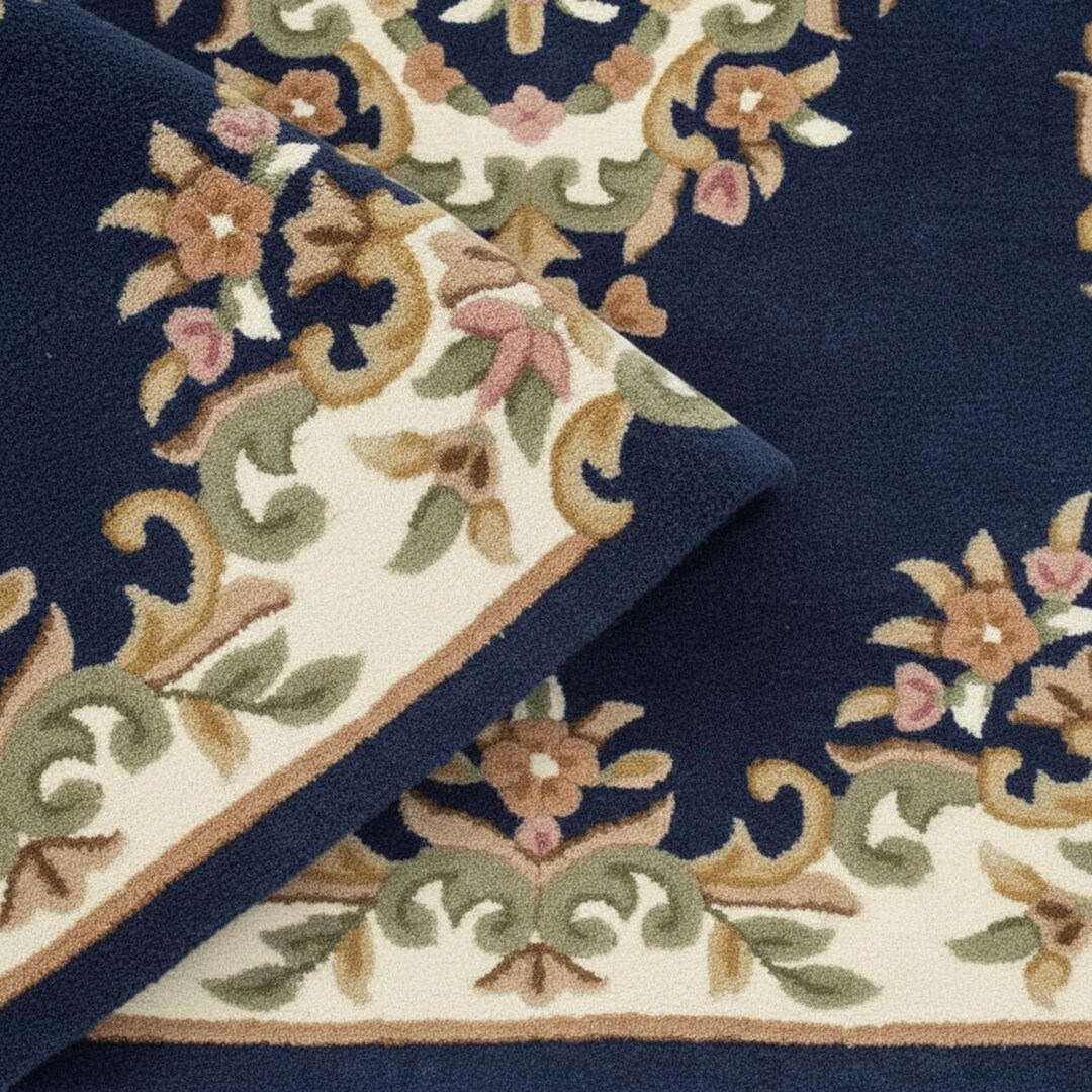 Hand Tufted Wool Floral Area Rug Navy Blue 8x10, 9x12, 10x14 | Ivory ...