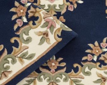 Hand Tufted Wool Floral Area Rug Navy Blue 8x10, 9x12, 10x14 | Ivory Border Carpet | Soft Thick Pile Living Room Rug | Custom Size Handmade