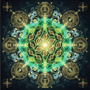 May include: Digital artwork with a symmetrical design. It features a central hexagon pattern in green and gold, surrounded by circular and geometric elements. The background is dark, with glowing highlights.