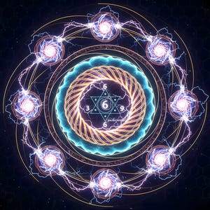 May include: A digital illustration of a mystical energy circle with a dark background. The design features swirling energy patterns, lightning bolts, and glowing orbs. A central star-shaped symbol is surrounded by numbers.