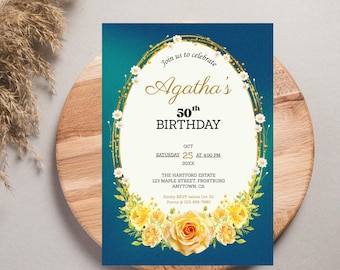 Invitación editable para 50 cumpleaños con tema de rosa amarilla / Plantilla de invitación móvil de cumpleaños dorada / Descarga digital floral elegante