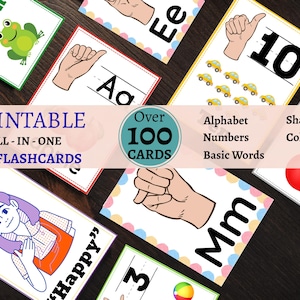 May include: Printable all-in-one ASL flashcards featuring the alphabet, numbers, basic words, shapes, and colors. The flashcards include illustrations of sign language hand gestures and images. The text on the cards includes the words "Green", "Ee", "Aa", "10", "Happy", and "3".