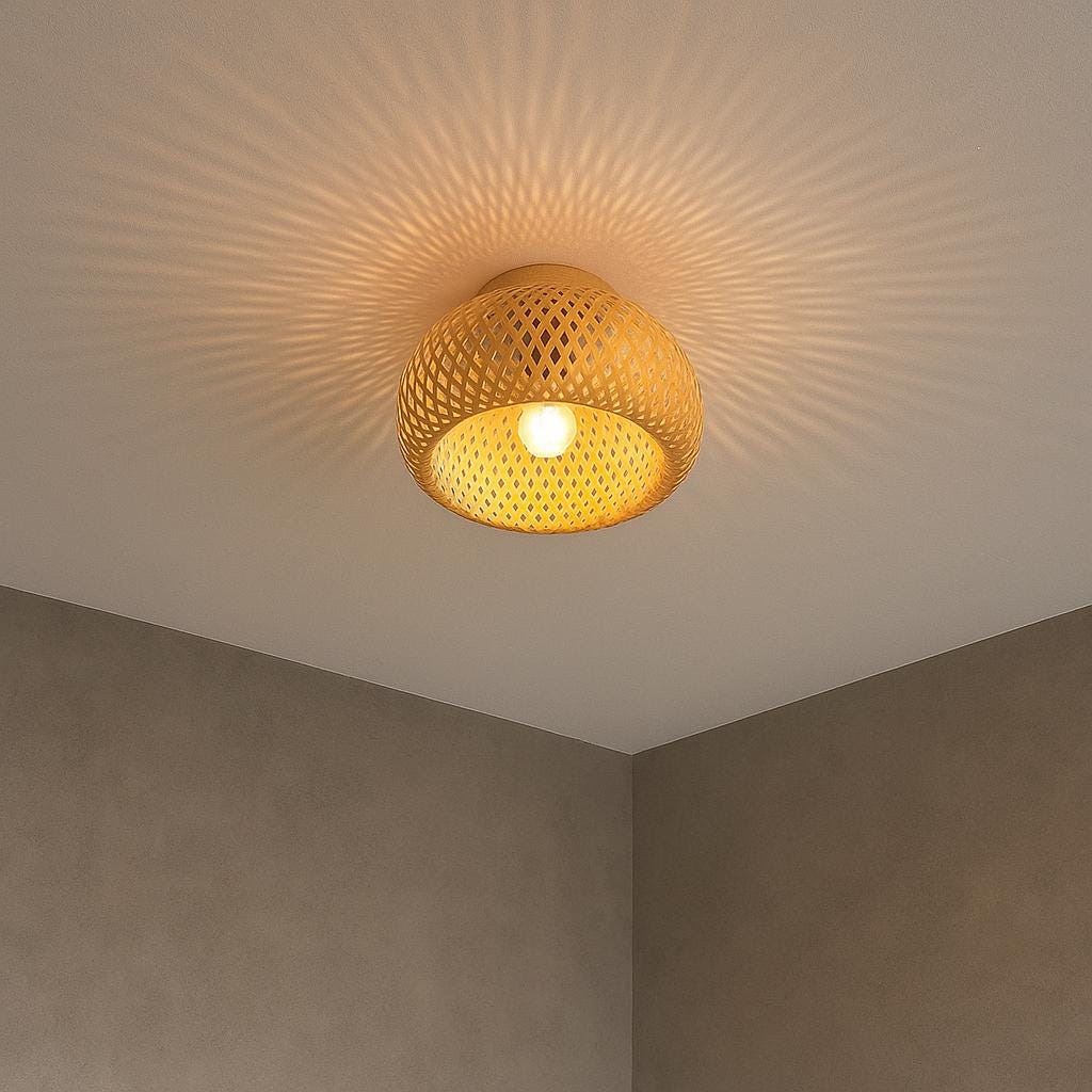 Rattan Deckenleuchte – Handgeflochtene Boho-Leuchte, Flush Mount, Für Flur, Küche & Wohnzimmer