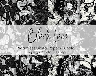 Pacote de Papéis Digitais com Renda Preta, 12 Texturas Góticas Sem Emenda, 30,5 x 30,5 cm, 300 DPI, Download Instantâneo!
