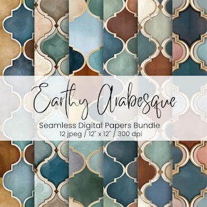 May include: A selection of seamless digital papers with an earthy arabesque pattern. The papers showcase shades of blue, brown, and beige. The bundle contains 12 jpeg files, each 30.48 cm by 30.48 cm at 300 dpi. The text "Earthy Arabesque" is displayed.
