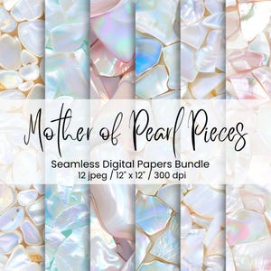 Pode incluir: Um pacote de papel digital com designs contínuos inspirados na madrepérola. Os designs exibem cores e texturas iridescentes. O texto "Mother of Pearl Pieces" está em escrita cursiva, com detalhes do pacote. Cada papel tem 30 cm x 30 cm.