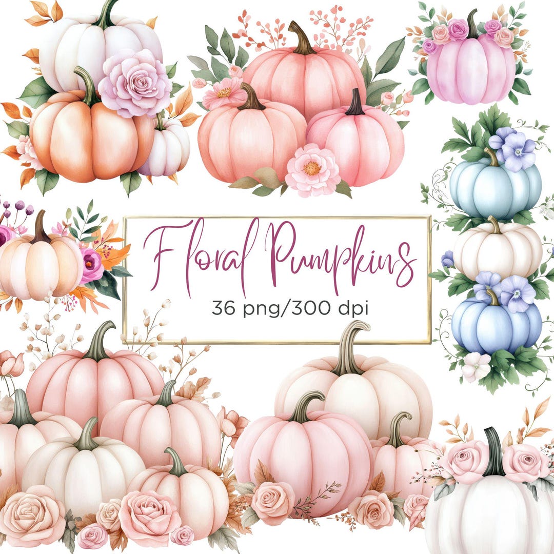 Watercolor Floral Pumpkin Clipart Bundle, 36 Png Set for Thanksgiving ...