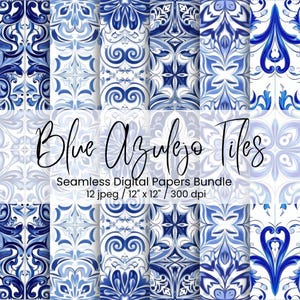 May include: A collection of blue and white seamless digital papers with intricate patterns. The image features various designs reminiscent of traditional Portuguese tiles, with the text "Blue Azulejo Tiles" and details about the bundle.