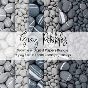 May include: A digital paper bundle featuring various arrangements of gray pebbles. The image showcases a variety of textures and shades, with some pebbles displaying white stripes. The text "Gray Pebbles" and product details are also visible.