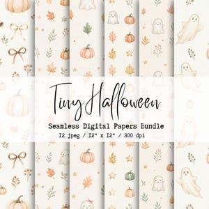 Op de afbeelding: Een digitaal papierpakket getiteld Tiny Halloween Seamless Digital Papers Bundle 12 jpeg 30,48 cm x 30,48 cm 300 dpi met herhalende patronen van aquarelgeesten, oranje pompoenen, bruine strikken, herfstbladeren en kleine sterren.