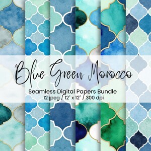 Moroccan Blue Green Tiles Digital Paper Bundle, 12 Seamless Pattern Backgrounds, 12x12", 300 DPI !