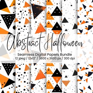 May include: A digital paper bundle with abstract Halloween designs. The patterns feature orange, black, and white geometric shapes, including triangles and dots. The text "Abstract Halloween" is written in a cursive font. The bundle includes 12 jpeg files, each 30.48cm x 30.48cm.