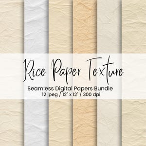 May include: A digital paper bundle featuring a variety of seamless rice paper textures in shades of white, cream, and tan. The image includes the text "Rice Paper Texture" and details about the bundle: 12 jpeg files, 12" x 12" size, and 300 dpi.