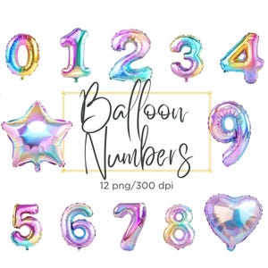 Ballon Zahlen PNG Bundle: Holografisch Regenbogen Foil Clipart mit Sternen und Herzen (12 png, 300 dpi)