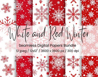 Pacote de Papéis Digitais de Inverno em Branco e Vermelho – 12 Imagens JPEG de Flocos de Neve de Natal Sem Emenda / 12x12" / 300 DPI!