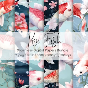 Peut inclure: Un ensemble de papiers numériques avec des motifs de poissons koi. Les papiers présentent des poissons koi rouges, blancs et roses, avec des accents floraux sur un fond bleu sarcelle et marine. Le texte "Koi Fish" et "Seamless Digital Papers Bundle" est également visible.