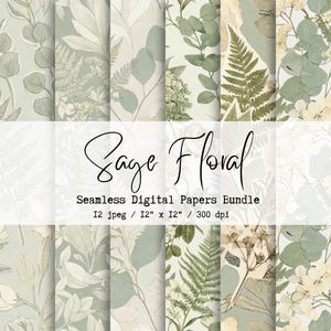 Digitalt papperspaket med salviagrönt blommönster, 12 sömlösa botaniska bakgrunder, 30x30 cm, 300 DPI, direktnedladdning!