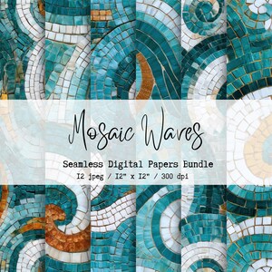 Mosaic Waves Digital Paper Bundle, 12 Seamless Teal Backgrounds, 12x12", 300 DPI, Instant Download !