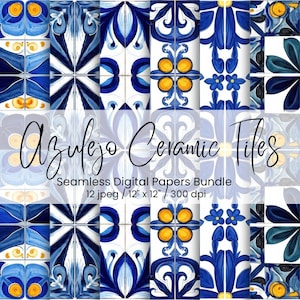 May include: A collection of seamless digital papers featuring blue and white Azulejo ceramic tile designs. Each tile measures 12 x 12 inches and is 300 dpi. The text reads "Azulejo Ceramic Tiles" and "Seamless Digital Papers Bundle".