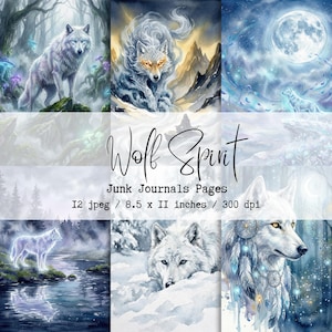 May include: A collection of watercolor illustrations featuring wolves in various settings. The images include a wolf standing in a forest, a wolf with glowing eyes, and a wolf under a full moon. Text reads "Wolf Spirit" and "Junk Journals Pages".