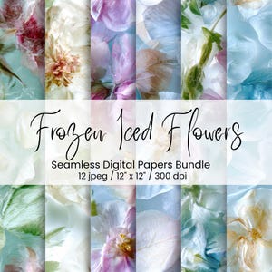 Könnte beinhalten: Ein digitales Papierbündel mit gefrorenen Blumen in Weiß-, Rosa- und Blautönen. Der Text "Frozen Iced Flowers" ist in Schreibschrift dargestellt. Jedes Papier misst 30,48 cm x 30,48 cm und enthält 12 JPEG-Dateien.