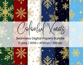 12 Colorful Christmas Seamless Digital Papers – Gold Glitter Snowflake Patterns (300 dpi)