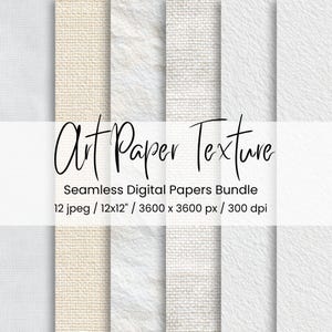 Może przedstawiać: Kolekcja bezszwowych cyfrowych tekstur papieru w różnych odcieniach bieli i beżu. Obraz przedstawia różnorodne tekstury papieru, w tym płótno, płótno i papier fakturowany. Widoczny jest tekst "Art Paper Texture".