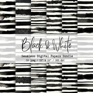 May include: A collection of twelve digital papers featuring black and white watercolour stripes. The text reads Black & White Seamless Digital Papers Bundle, 12 jpeg, 12 inches x 12 inches, 300 dpi. The patterns consist of horizontal lines.