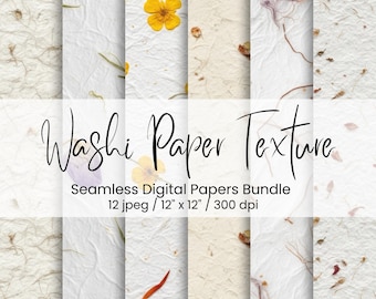 Pacote de Papéis Digitais com Textura de Papel Washi, 12 Fundos Florais Sem Emenda, 30,5 x 30,5 cm, 300 DPI, Download Instantâneo!