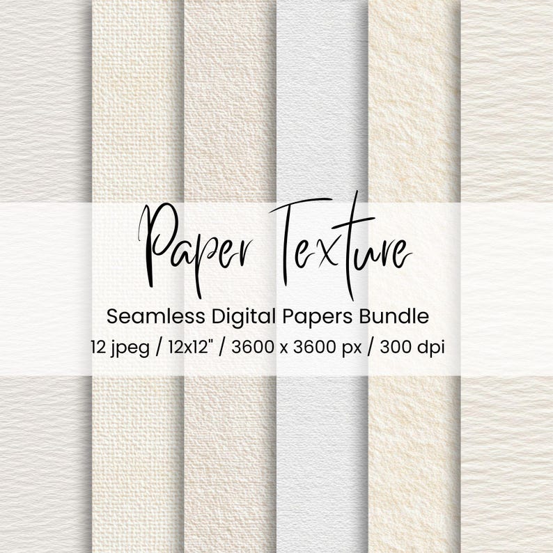 Pode incluir: Um pacote de pap&eacute;is digitais sem costura com v&aacute;rias texturas em tons de branco e creme. A imagem inclui o texto "Paper Texture" e detalhes sobre o pacote, incluindo o tamanho dos pap&eacute;is, que &eacute; de 30,48 x 30,48 cm.