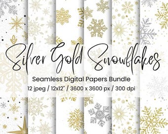 Pacote de Papéis Digitais com Flocos de Neve Prateados e Dourados – 12 Fundos Sem Emenda com Glitter e Efeito Metalizado / Padrões para Casamento de Inverno / 30,5 x 30,5 cm / 300 DPI!