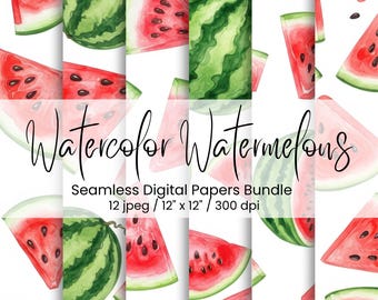 Papel digital de acuarela con diseño de sandía, 12 patrones de frutas sin costuras, 12x12", 300 DPI, ¡descarga instantánea!