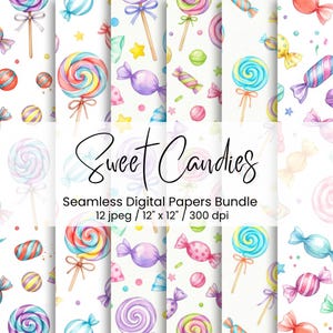 May include: A collection of watercolor seamless digital papers featuring various candies, including lollipops, wrapped candies, and star shapes. The text "Sweet Candies" is displayed, along with details about the bundle.