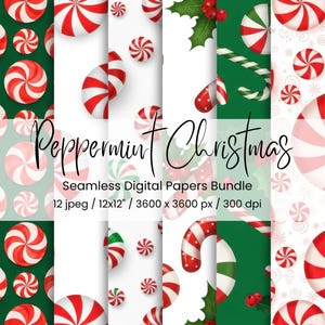 May include: A digital paper bundle featuring a festive Peppermint Christmas theme. The design includes red and white peppermint candies, candy canes, and holly on white and green backgrounds. The text "Peppermint Christmas" is displayed in elegant script.