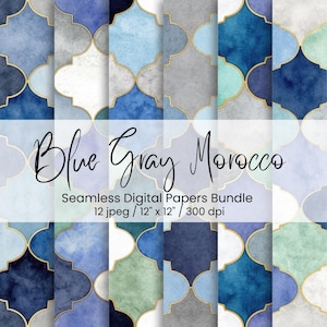 Blågrå marockanska kakel sömlösa digitalpapper – 12 akvarell arabeska bakgrunder / 12x12" / 300 DPI