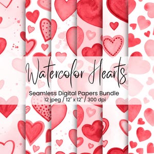 May include: A digital paper bundle featuring watercolor hearts in various shades of red and pink. The design includes hearts with different patterns and styles, set against a white background. The text "Watercolor Hearts" is displayed in a handwritten font.