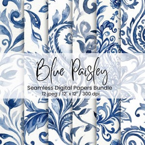 May include: A collection of seamless digital papers featuring blue paisley designs on a white background. The text "Blue Paisley" is displayed in cursive script. Each paper measures 12 inches by 12 inches.