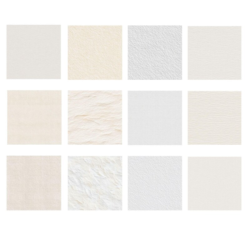 Pode incluir: Uma grade de doze amostras de papel quadradas em tons variados de branco e creme. Cada quadrado exibe uma textura &uacute;nica, variando de lisa a fortemente amassada e enrugada, oferecendo uma variedade de apar&ecirc;ncias t&aacute;teis.