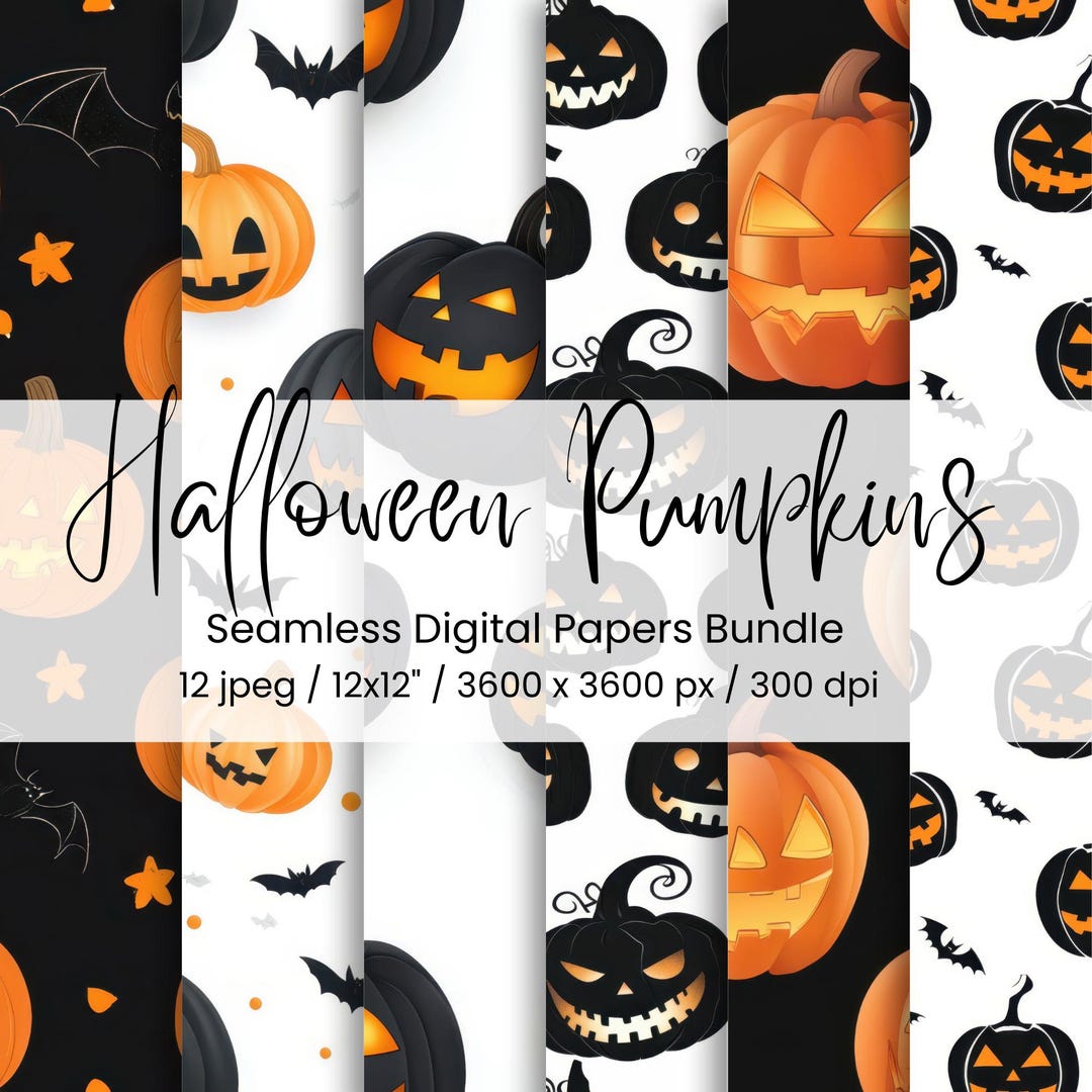 Halloween Pumpkin Seamless Digital Paper: Black & Orange Jack-o ...