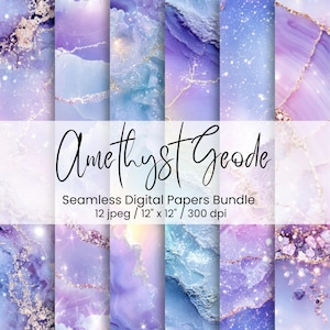 Pacote de Papéis Digitais Sem Emenda com Geodos de Ametista, 12 Fundos de Ágata Roxa, 30,5 x 30,5 cm, 300 DPI, Uso Comercial