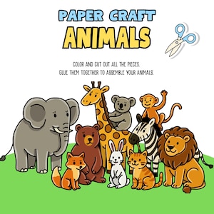 May include: A colorful illustration of paper craft animals, including an elephant, giraffe, koala, monkey, zebra, lion, fox, bear, rabbit, and cat. The text reads "Paper Craft Animals" and instructions to color, cut, and assemble.