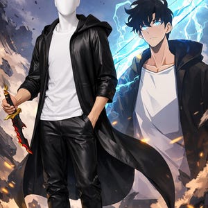 Puede incluir: Ilustraci&oacute;n de una figura con abrigo de cuero negro, pantalones y camisa blanca, sosteniendo una espada. Una segunda figura con un atuendo similar est&aacute; en el fondo. El fondo presenta un cielo dram&aacute;tico con rel&aacute;mpagos.