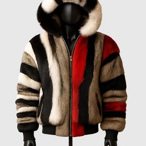 Pode incluir: Casaco bomber com capuz multicolorido com riscas verticais em preto, branco, vermelho e castanho. O casaco tem fecho de correr completo, punhos canelados e bainha preta. O capuz é adornado com pele branca e preta.